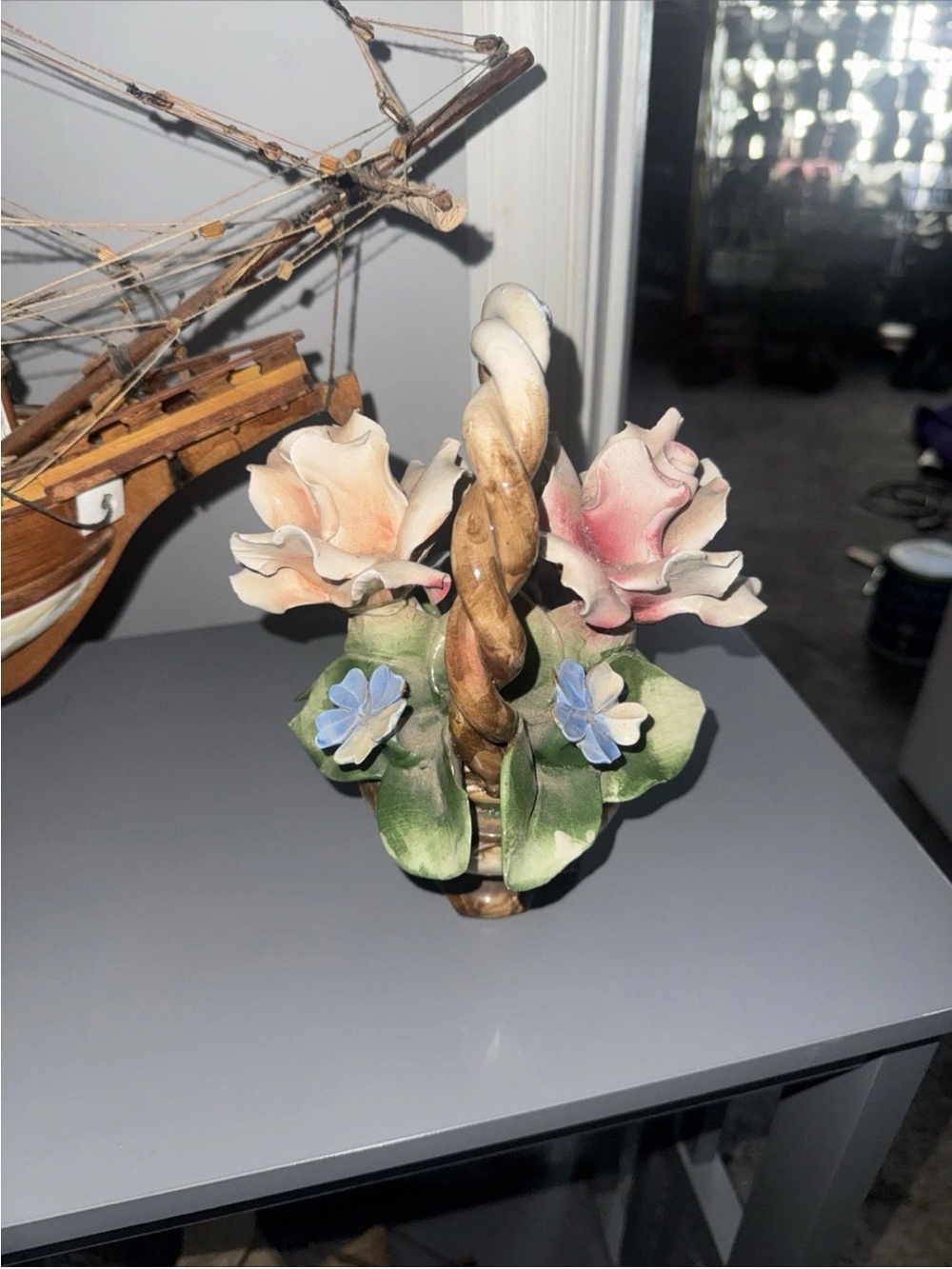 Hand-Painted Porcelain Floral Basket Sculpture in Pink, Green and Blue